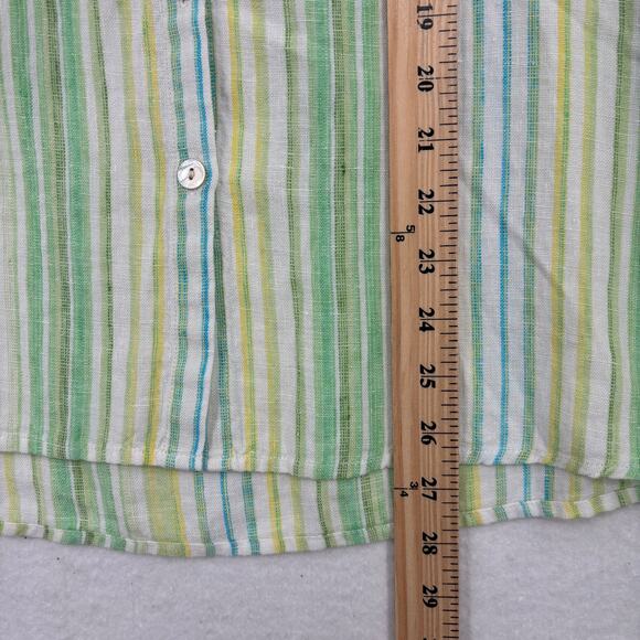 Studio Works Linen Blouse Womens Size L Green Stripe Button Up Roll Tab Sleeves - Picture 10 of 11
